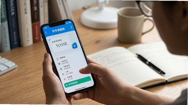 软考真题库app使用场景图,用户正在手机上刷题,背景为书桌与笔记本,展示真实备考氛围