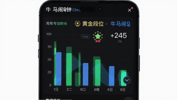 ţ����������ͳ�ƽ��棬չʾһ��רעʱ����״ͼ��ţ���ȼ�Ϊ�ƽ��λ�����汳��Ϊ��ɫģʽ�����ݸ�����ʾ��ɫ����ɫ