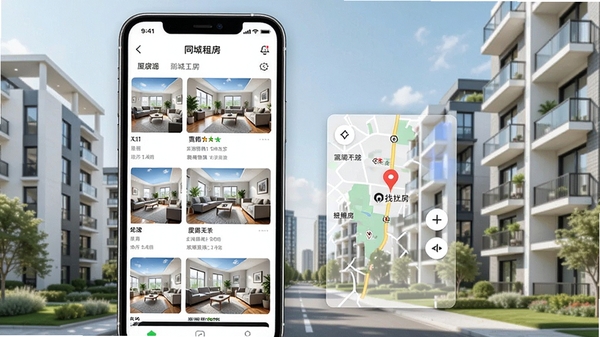 同城租房APP界面展示,手机屏幕上有清晰的房源列表和地图找房功能,背景为现代城市住宅区,色调明亮清新,突出便捷与真实感。
