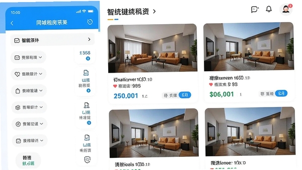 展示同城租房APP的智能筛选界面,左侧为筛选条件选项,右侧展示匹配出的房源卡片,色彩明快,信息清晰。