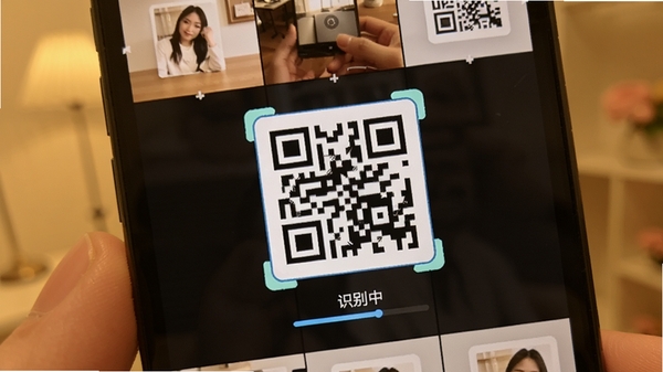 һ��ɨ���ά�����ʶ���ܽ��棬�ֻ���Ļ��ʾ�����ѡ��һ�Ŷ�ά��ͼƬ��ͼƬ���Զ���ѡ�����֡�ʶ���С�������ʾ������Ϊ�ֻ��������ͼ����ɫ����ů�����ֱ�ݵĲ������顣