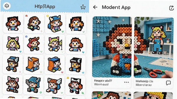 拼豆呗APP界面截图,展示海量像素图纸库与热门拼豆作品,风格清新明亮,突出创意手工氛围