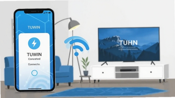 չʾ�ֻ������ܵ���ͨ��Wi-Fi�ź����ӵ�ʾ��ͼ������Ϊ�ִ��Ҿӣ��ֻ���Ļ��ʾTUWIN���ӳɹ����棬��ɫ�Ƽ�ɫ�����������ı�ƽ����Ʒ��