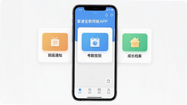 ��ͨ����ʦ��APP�����ͼ��չʾ��ҳ����ģ�飬�����༶֪ͨ������ǩ�����ɳ�������ͼ�꣬��������ˬ��࣬ɫ�����죬�����ֻ�����չʾ��