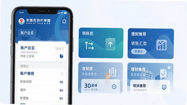 Bank of China�ٷ��ֻ����н���չʾ�������˻�������ת�˻������Ƽ��Ⱥ��Ĺ���ģ���UI���ͼ��������ִ�����ɫ����ɫ����