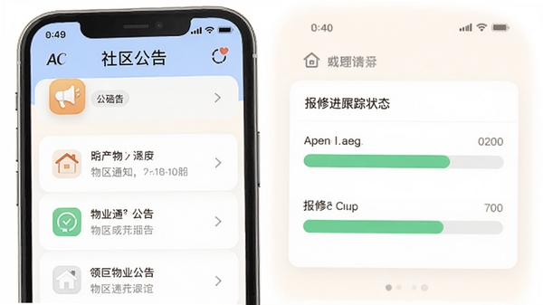 AC生活APP社区公告与报修功能界面,展示物业通知列表及报修进度跟踪状态,画面中包含公告图标和进度条,整体风格友好亲切