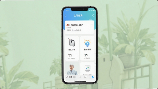一张展示AC生活APP主界面功能的手机截图,界面清晰显示生活缴费、社区公告、智能家居等模块,整体风格现代简约,色彩明亮舒适