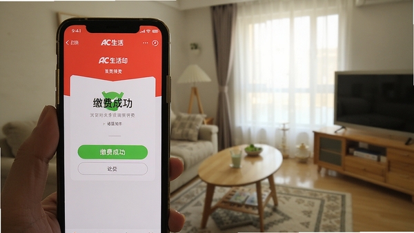 一张AC生活APP在手机上运行并显示缴费成功页面的实拍图,背景为家庭客厅环境,屏幕清晰显示“缴费成功”字样