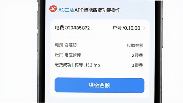 AC生活APP智能缴费功能的操作界面,显示电费账单详情及缴费按钮,界面包含户号信息、应缴金额及缴费成功提示,整体视觉清爽简洁