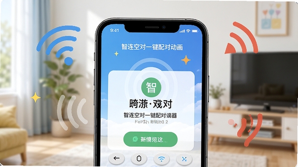�����յ�ң����һ����Զ�����ͼ���ֻ���Ļ��ʾ��Գɹ���ʾ����Χ��Wi-Fi�ͺ����ź�ͼ�꣬ɫ����������