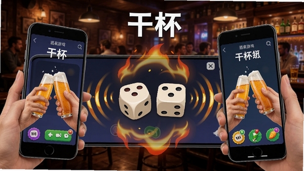 展示“干杯”APP内酒桌游戏界面的示意图,屏幕上有两个手机正在互动,画面中央显示骰子点数,周围有动态的火焰特效和音效波纹,背景是酒吧实景,突出了游戏的趣味性和互动性。