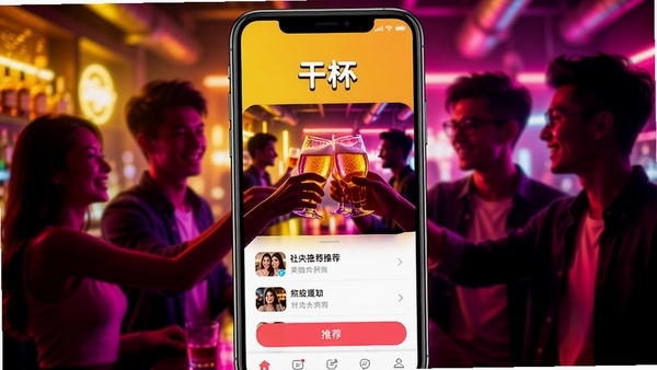 一张充满活力的智能手机界面截图,屏幕中显示“干杯”APP的个性推荐页面,背景是模糊的霓虹灯酒吧氛围,有举杯欢庆的年轻人群像剪影,整体色调以暖黄和品红为主,画面动感时尚,突出社交约酒的快乐氛围。