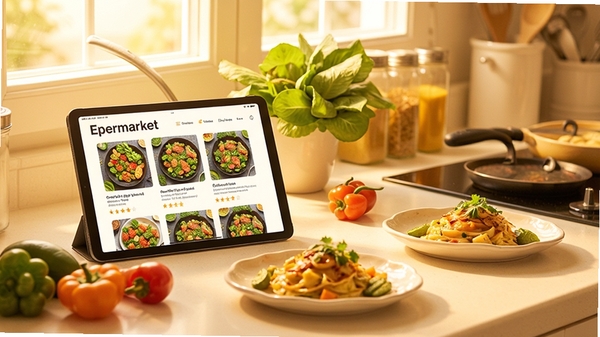 һ����������̨�泡��������ڷ���ƽ�������ʾEpermarket��������Ĳ��׽��棬�Ա�������ʳ������⿺õľ��²��ȣ�ɫ��ů�ƣ�����������Ϣ��