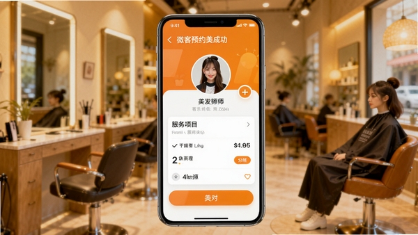 ΢�����������ϵͳAI��ͼ��ʾ�ʣ�չʾ�ֻ��˹˿�ԤԼ�ɹ����棬��������ʦͷ�񡢷�����Ŀʱ���ͼ۸񣬱����黯��ʾ���ڻ�����ɫ��������ů