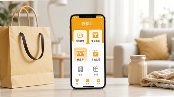 һ�������ֻ���Ļչʾ���Ż�APP�����棬���������¼�࣬���ñ�ƽ����ƣ���ɫ��Ϊ�����ĳȻ�ɫ�������������ɼ�ˮ��ɷѡ��Ż�ȯ�������������ȹ���ͼ�꣬�ֻ��Ա߰ڷ��Ź������������Ʒ������Ϊ��ܰ�����ľӼһ��������廭�����������Ϣ�ͿƼ��У����湹ͼ��������Ⱦ