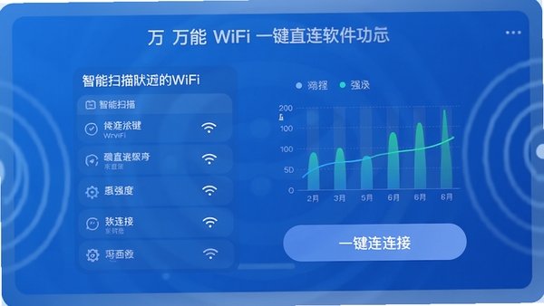 ����WiFiһ��ֱ����������չʾͼ��չʾ����ɨ�踽����WiFi�ź��б����ź�ǿ��ͼ����һ�����Ӱ�ť��UI����ִ���࣬����ɫΪ��ɫ�����������������粨����Ч