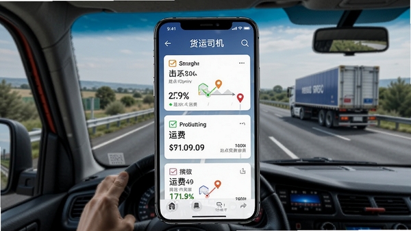 货运司机版智能货源匹配功能演示图,手机屏幕显示推荐的货源卡片,包含起点终点和运费,背景为高速公路