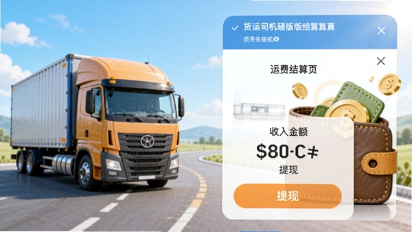 货运司机版运费结算页面,显示收入金额和提现按钮,背景包含货车和钱包元素,风格明亮