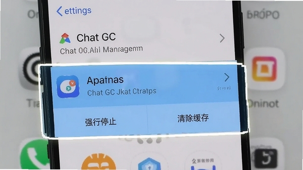 一张展示手机设置界面的图片,高亮显示应用管理中的Chat GC应用信息,包含“强行停止”和“清除缓存”按钮,背景为简洁的智能手机桌面。