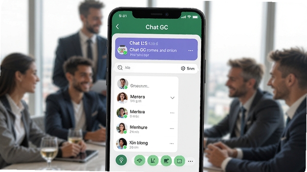 展示Chat GC的群组管理功能,画面中是一个群聊界面,有群公告横幅、成员列表和管理工具图标,背景是商务或朋友聚会的模糊场景,风格专业且现代。
