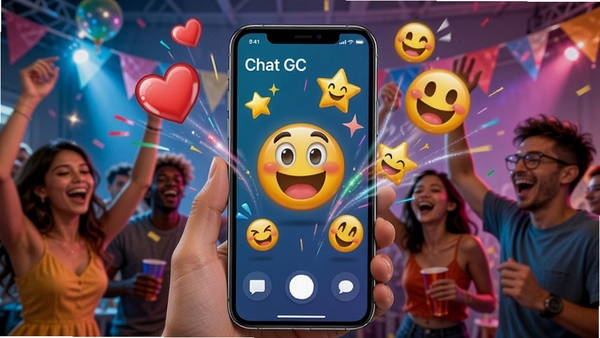 展示Chat GC的创意互动表情功能,手机屏幕上有各种动画表情和特效在飞舞,如爱心、星星、笑脸,色彩缤纷,背景是欢快的聚会场景,动感十足。