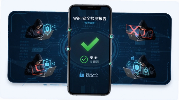 �ֻ���ĻչʾWiFi��ȫ��ⱨ�棬��ɫ�Թ���ʾ��ȫ����Χ��ģ��ڿ͹��������صĶ�����Ч������Ϊ����ɫ�Ƽ��н��棬ǿ����ȫ�������ܣ����������ࡣ