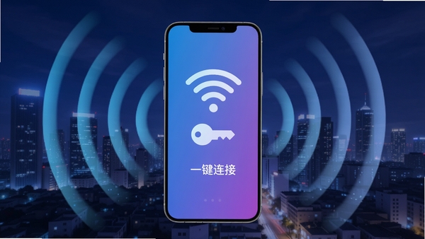 һ�������ֻ���Ļ��ʾ����WiFiԿ�׽��棬��Χ�������źŲ�����ɢ�������ǳ���ҹ��������ִ��Ƽ��У���ɫ�����Ͻ��䣬����������WiFiͼ���Կ��ͼ�Σ�ͻ����һ�����ӡ����ܣ�������Ⱦ����Χ������