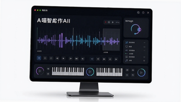 喵喵写歌软件界面展示,AI智能作曲,旋律生成,歌词创作,现代科技感设计