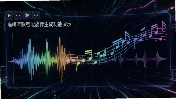 喵喵写歌智能旋律生成功能演示,波形与音符动态变化,色彩明亮,科技感背景