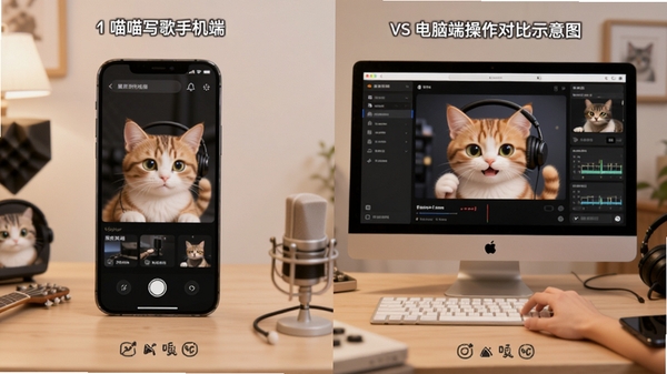 喵喵写歌手机端与电脑端操作对比示意图,展示不同设备创作环境