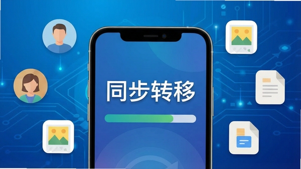 一张智能手机屏幕显示数据迁移进度条,周边环绕联系人、照片、文档图标,背景为渐变的蓝色科技感氛围,画面中央有“同步转移”字样,现代扁平化设计风格,高清渲染。