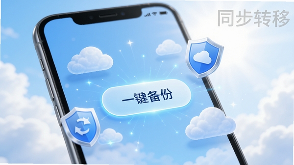 一部手机界面显示“一键备份”按钮,周围环绕云朵与盾牌图标,背景明亮,主色调为蓝色与白色,突出安全、便捷感,包含“同步转移”应用名称的水印。