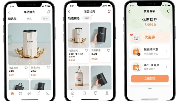 ��Ʒʰ��APP�����ͼ��չʾ��ѡ��Ʒ�ٲ������Ż�ȯ��ȡҳ�棬�������������UI����ִ���Լ