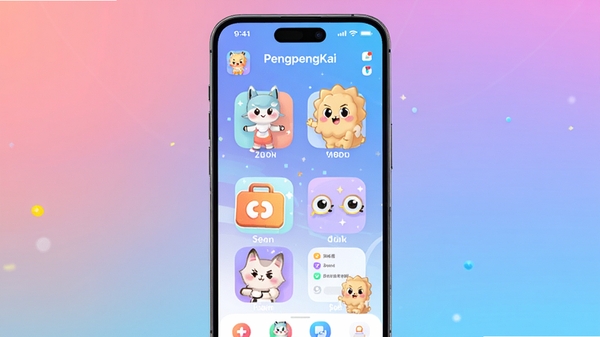 һ�������������ֻ����棬չʾPengpengKaiӦ�õ���ҳ�棬ɫ���������죬�и���Ȥζ����ͼ��Ϳ�ͨԪ�أ��������������Ľ���ɫ�����������ִ��Ҿ��пƼ��У����湹ͼͻ���ƶ���չʾЧ����