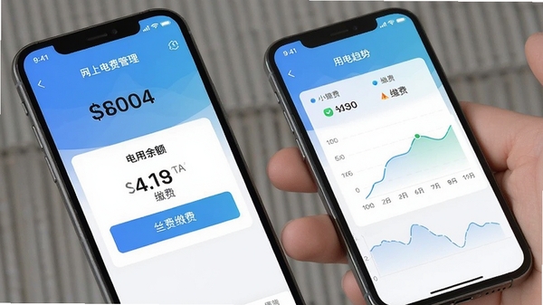 网上电费管理手机App界面截图,显示电费余额、缴费按钮和用电趋势图表,背景为简洁的蓝色渐变,界面设计现代清晰,突出便捷缴费功能。