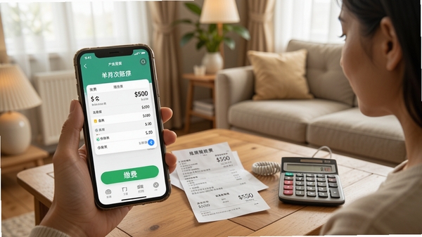 网上电费管理App使用场景图,用户正在手机上查看电费账单并点击缴费,背景为温馨的家庭客厅,桌上有电费单和计算器,画面明亮充满生活气息。