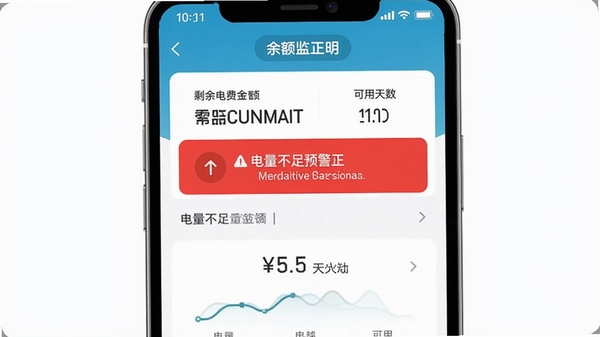 网上电费管理App余额监测页面,显示剩余电费金额和可用天数,电量不足时弹出红色警告提示,界面简洁直观,突显预警功能。