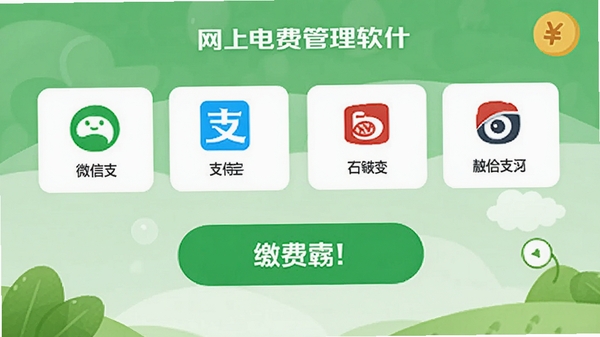 网上电费管理软件一键缴费支付页面,展示多种支付方式图标,包含微信支付、支付宝等,界面中央有醒目的缴费按钮,背景为绿色系,氛围轻松。