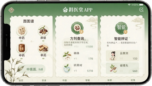 ��ҽ��APP�����ͼչʾ��������ҩͼ�ס�������ѯ�����ܱ�֤�ȹ���ģ�飬����Լ���£�����ɫ����ɫΪ��ɫ����ͻ����ҽ��ͳ�Ļ�Ԫ�أ����沼��������ͼ�꾫�£�����۸�רҵ���׺͡�