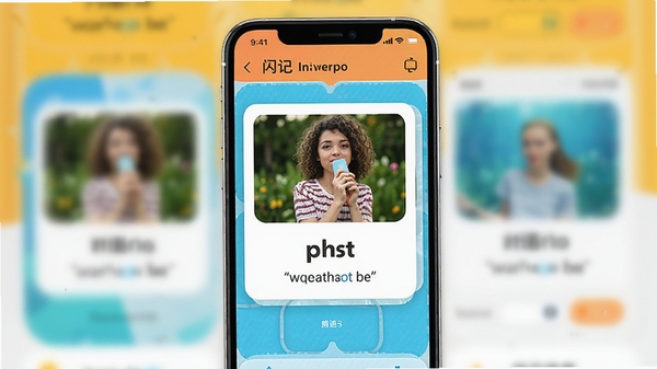 һ��չʾ����Ӣ��APP�ڲ�ѧϰ����ĸ����ֻ���ͼ��������Ƽ���ִ���ɫ�����죬������ʾһ�ž�����Ӣ�ĵ��ʼ��俨Ƭ����Ƭ����ͼƬ�͵���ʾ���������黯������ͻ��APP�������壬�����������������ʺ�Ӧ���̵�չʾ��