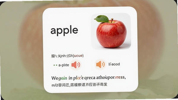����Ӣ��APP�ĵ���ѧϰ��Ƭ����ҳ���ͼ����Ƭ�ϰ���һ�����ʡ�apple��������һ�����ʺ�ƻ���ĸ�����Ƭ���·��������������ͬ�����ķ���С����ͼ�꣬���·���Ӣ����������ķ��룬����UI���Բ��ɫ����ͣ���Ϣ�㼶������