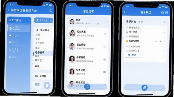 榕树家医生端App界面截图,展示医生工作台、患者列表和电子病历功能,风格简洁专业,蓝色主题色调。