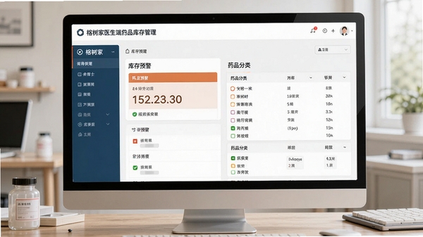 榕树家医生端药品库存管理页面,显示库存预警和药品分类列表。