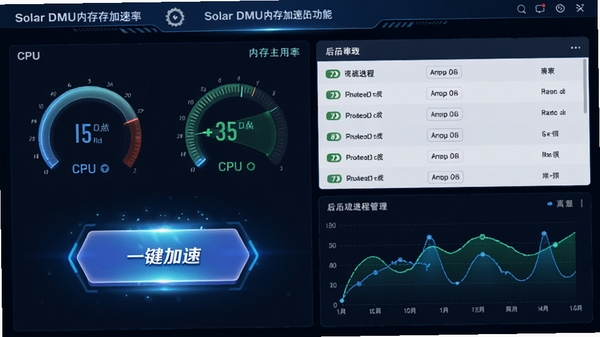 ��ͼ��ʾ�ʣ�Solar DMU�ڴ���ٹ��ܽ��棬CPU���ڴ�ռ�����Ǳ��̣�һ�����ٰ�ť����Ч������̨���̹����б�����̬���ܼ�����ߣ��Ƽ�����ɫ