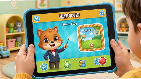һ��չʾ��ͯ��ƽ�������ʹ��Ȥ��ѧӢ��APP�Ľ��棬ɫ���������ã���������ɰ��Ŀ�ͨ������ʦ�ͻ���Ӣ����Ϸ����������Ϊ��ܰ�Ķ�ͯ�鷿������