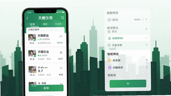 �����ҵapp�����棬չʾ����ְλ�Ƽ��б�������ɸѡ���ܣ��ִ���ƽ��UI��ƣ���ɫ����ɫ��������Ϊ���н�����Ӱ