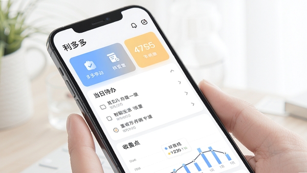 一张展示利多多软件主界面的高清手机截图,界面简洁现代,包含快捷功能卡片、当日待办列表和收支统计图表,背景柔和明亮,突出智能生活管家的氛围