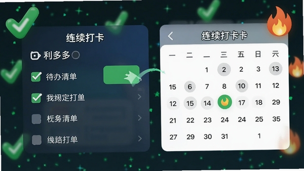 利多多的待办清单界面,展示勾选动画和连续打卡日历,背景有绿色对勾和火焰图标,激励感十足