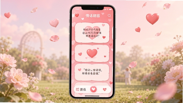 �黰��԰app����չʾ���ֻ���Ļ����ʾ���������黰��Ƭ������Ϊ�ۺ�ɫ���䣬�а��ĺͻ���Ʈ�䣬UI�����ܰ�ɰ���������������������Ⱦͼ