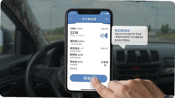 ľţ����˾����APP���Ͻӵ�����������ʾͼ����ָ����ӵ���ť��������ʾ�������顢װ��ʱ�䡢ж����ַ��������Ϣ������������������ʾ
